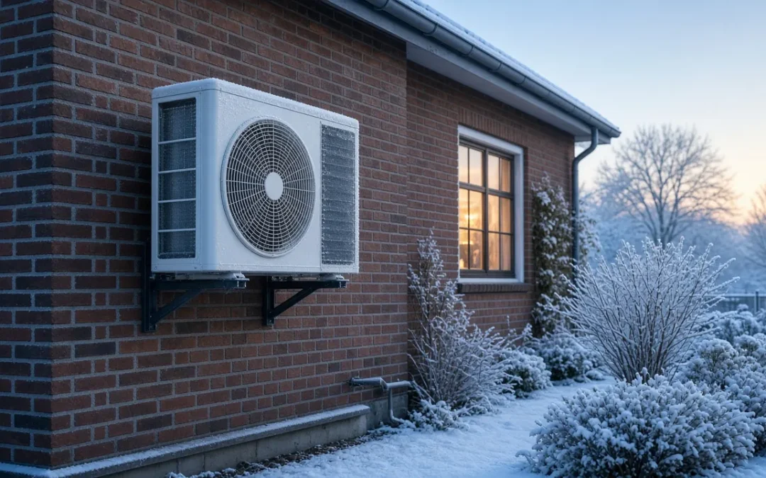 Hvid udedel til luft-til-luft varmepumpe på murstensvæg med rim i frostvejr – varmepumpe ved minusgrader
